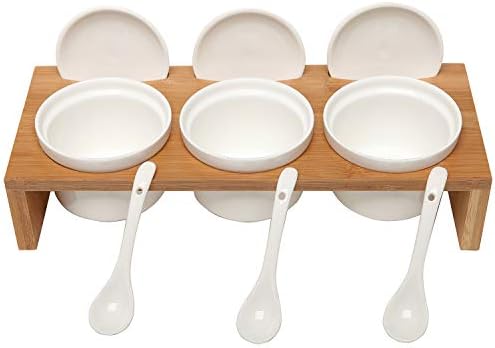MyGift 10 Pcs Sauce Serving Dish, Hosting Party Essentials Host Gift, 3 Ceramic Ramekin Chip Dip Bowls with Lids & Spoons, Premium Bamboo Server Tray, Condiment Pot Entertaining - Image 6