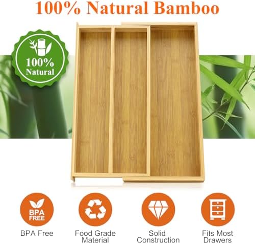 Large Bamboo Kitchen Utensil Drawer Organizer Expandable Silverware Tray - Image 7