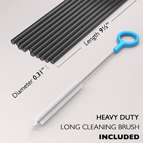 Fiesta First 10 Long Reusable Hard Black Plastic Drinking Straws, Medium Width + Sturdy Cleaning Brush - for Tumblers, Mason Jars, Smoothies and Milkshakes - Dishwasher Safe BPA Free - Image 2