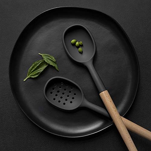 Country Kitchen Non Stick Silicone Utensil Set with Rounded Wood Handles for Cooking and Baking, 6 Piece Set, Black - Image 7