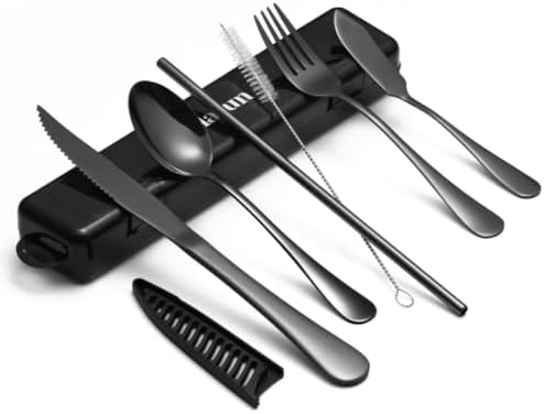 8-pieces Travel Set with Case Portable Silverware Utensils Set for work, Stainless Steel Reusable Flatware Set Cutlery Set for Camping Picnic Hiking Office (8, black) by Selafun
