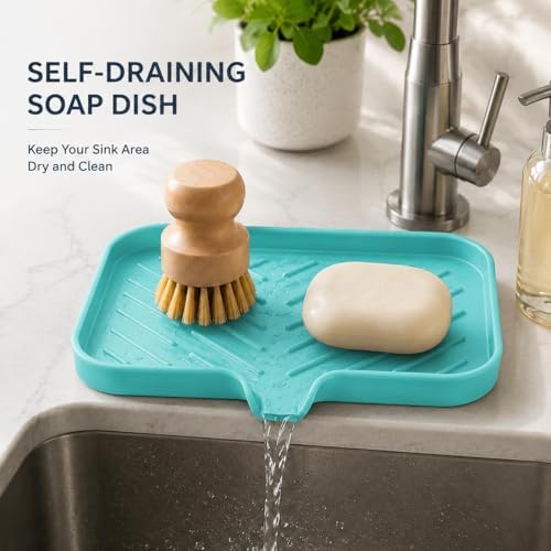 MicoYang Silicone Soap Dish with Drain Spout — Self-Draining Sink Organizer Tray for Bathroom & Kitchen, Sponges, Dispensers & Soap Holder, Non-Slip & Dishwasher Safe, Mint (Medium, 9.6"×5.3") - Image 6