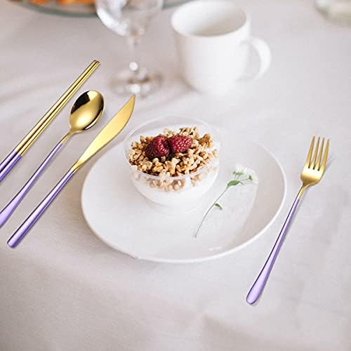 AARAINBOW 6 Pieces 18/8 Stainless Steel Flatware Set Portable Reusable Cutlery Set Travel Utensils Set Including Chopsticks Knife Fork Spoon Straws Cleaning Brush Dishwasher Safe (Purple golden) - Image 6