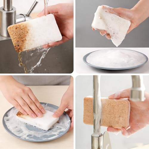 Natural Kitchen Sponges, 12 Pack Eco Biodegradable Compostable Coconut Fiber & Cellulose Heavy Duty Scrub Sponge for Dishes, Organic Non-Scratch Cleaning Sponges for Non Stick Cookware, Pots - Image 6