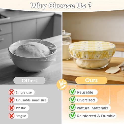 6PCS Reusable Beeswax Bowl Covers-Large 8''/10''/12'' (2 of Each Size) Elastic Cotton Cloth Wraps-Sourdough Shower Caps for Bread Proofing and Food Fresh Keeping - Image 5