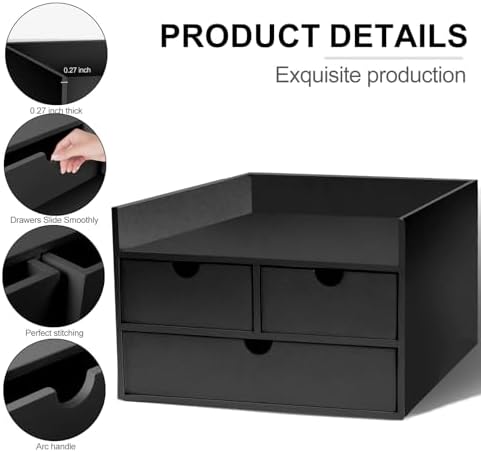 Charmewooden Bamboo Desk Organizer 3 Drawer with Shelf, Countertop Organizer with Drawers Makeup Storage Drawer 3 Drawers Tabletop Storage Organization Box Home Office Workspace(Black) - Image 6