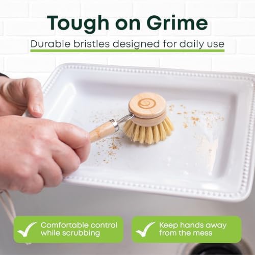 Tieralia Bamboo Dish Brush Set 5 Piece – Eco Friendly Kitchen Cleaning Kit with Bottle Brush, Long Dish Brush, Palm Scrubber & 2 Plant-Based Sponges | Plastic-Free Natural Dish Scrubber - Image 6