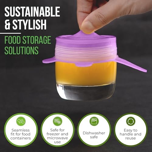 Reusable Silicone Stretch Lids for Food Storage in Fridge - Elastic Heat-Resistant Bowl Covers, Cups, Cans, Jars - Universal Food Grade Lid for Containers - 7 Pack - Purple Stretchy Lid Set - Image 7