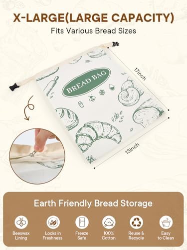 2 Pack Zippered Beeswax Bread Bags 17×13 Inch Large Cotton Sourdough Bread Bags Reusable Bread Storage Bags for Homemade Bread Freezer Safe for Bagel Croissant & Baguette Kitchen Baking Supplies - Image 6