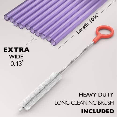 Fiesta First 10 EXTRA WIDE Long Reusable Purple Hard Plastic Drinking Straws + Cleaning Brush - Fat Thick Large Jumbo Straws for Smoothies and Milkshakes - Purple - Dishwasher Safe BPA Free - Image 2