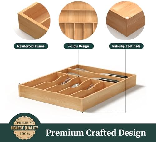 Silverware Organizer, Bamboo Kitchen Drawer Organizer, Utensil Holder, Cutlery Tray & Spoon Flatware Storage with Grooved Drawer Dividers (13''W x 17''D) - Image 6