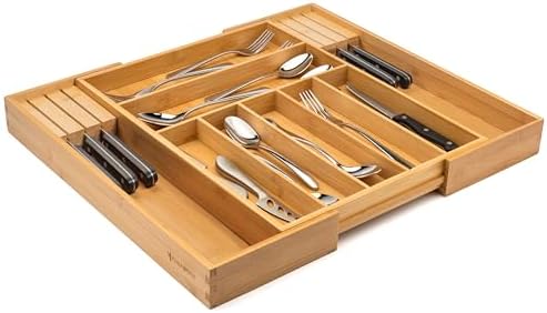 Purawood Bamboo Drawer Organizer with Knife Blocks - Silverware Organizer & Utensil Drawer Organizer, Cutlery Tray with Dividers, 7-9 Slots- Premium Kitchen Organizer for Utensils & Flatware (Natural) - Image 5