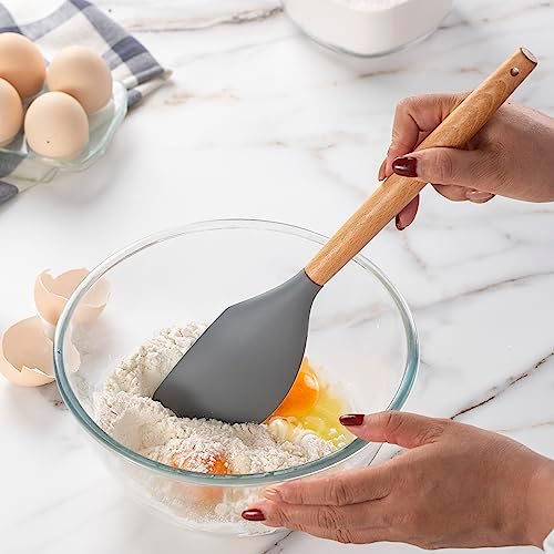 Country Kitchen Non Stick Silicone Utensil Set with Rounded Wood Handles for Cooking and Baking, 14 Piece Set, Gray - Image 6
