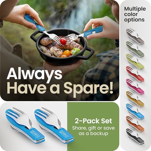 Orblue 4-in-1 Camping Eating Utensils, 2-Pack - Portable Spoon, Fork, Knife & Bottle Opener Combo Set - Stainless Steel Flatware with Detachable Fork - Travel, Backpacking Cutlery Multitool, Blue - Image 6