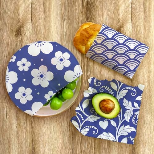 Reusable Beeswax Wraps, Indigo Blue Floral Wave and Leaf Wraps, 9 Pack Sandwich Bowl Bread Food Storage, Organic Sustainable Zero Waste Plastic-Free, 1XL, 3M, 5S - Image 7