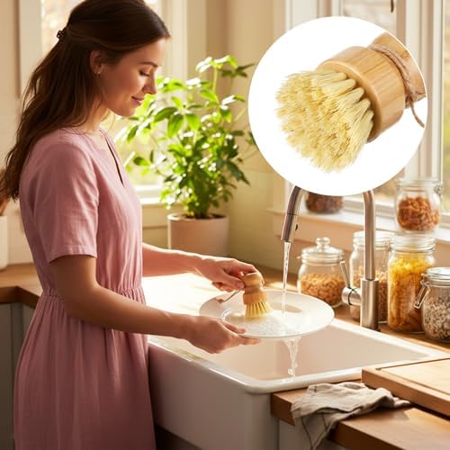 12 Pack Bamboo Dish Scrub Brushes Kitchen Dishwashing Scrubber Vegetable Brush with Hanging Rope Wooden Natural Sisal Bristles Cleaning Brush for Iron Pot Pan Sink - Image 7