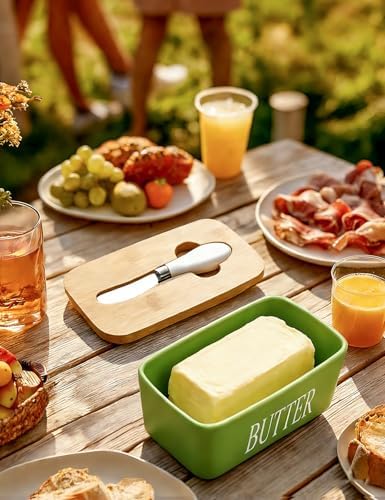 Ceramic Butter Dish with Lid and Knife & Silicone Seal for Countertop Green - Image 7