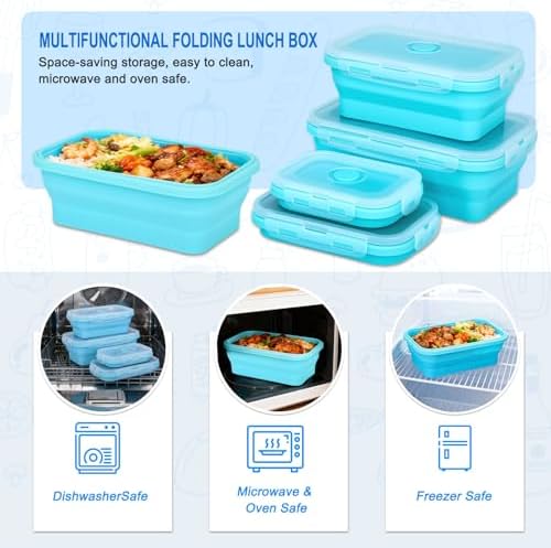 Collapsible Silicone Food Storage Containers 4 Set Airtight Leak Proof Food Containers with Lids Meal Prep for Microwave Freezer Dishwasher for Kitchen Camping Office Sky Blue - Image 6