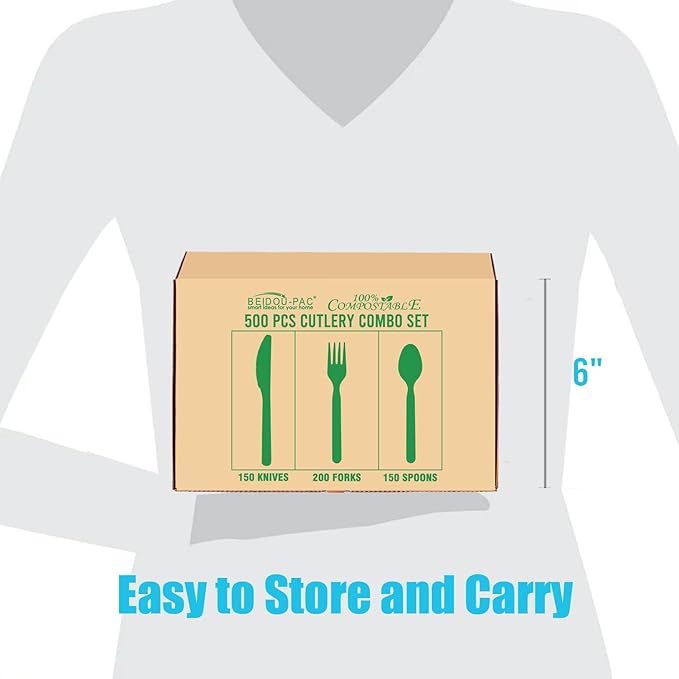 500 Count Large Compostable Forks Spoons Knives Flatware Set, White Heavy-duty Disposable Cutlery Eating Utensils (7 in.) BPI Certified