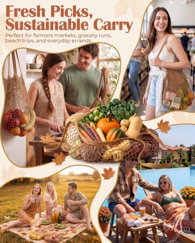 Eccliy 12Pcs Reusable Cotton Mesh Grocery Bag with Handle, Coffee, 10 in - Image 6