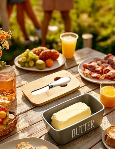 Ceramic Butter Dish with Lid and Knife & Silicone Seal for Countertop Grey - Image 7