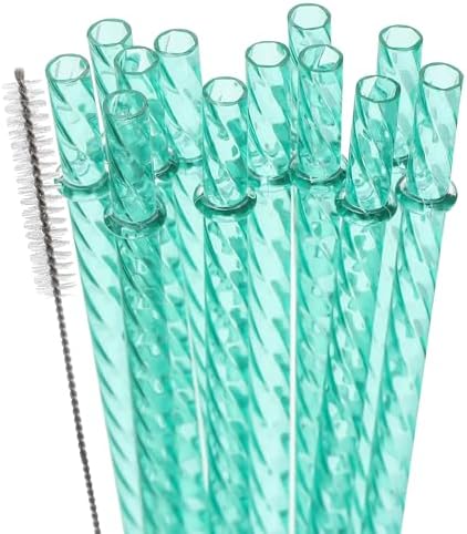 Dakoufish 12 Inch Reusable Clear Plastic Swirl Drinking Straws for 30 oz & 40 oz Jars/Tumblers,Set of 12 Pcs Replacement Crystal Mint Straws with Cleaning Brush (12inch,Mint) by Dakoufish