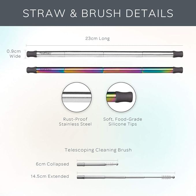 FinalStraw Collapsible, Reusable, Metal Straw | Travel Case, Cleaning Tool | Easy to Clean | Stainless Steel and 100% Silicon Tips | Eco-Friendly | Shark-butt Grey Case, Rainbow Stainless Steel
