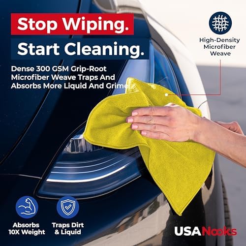 USANOOKS Microfiber Cleaning Cloth Yellow - 24 Pcs 12.5"x12.5" - High Performance - 1200 Washes, Ultra Absorbent Towels Weave Grime & Liquid for Streak-Free Mirror Shine - Car Washing Cloth - Image 6