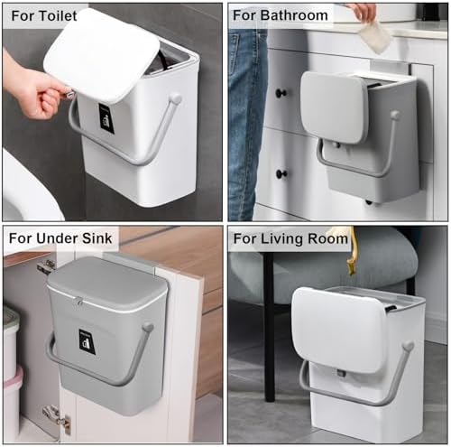 LALASTAR Small Trash Can with Lid, Kitchen Compost Bin for Countertop or Under Sink, Plastic Hanging Waste Basket for RV/Office/Bedroom/Dorm, Mountable, 9L/2.4 Gal, White - Image 7