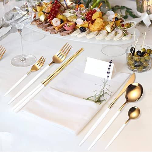 AARAINBOW 8 Pieces Stainless Steel Flatware Set Portable Reusable Cutlery Set Travel Utensils Set Including Chopsticks Knife Fork Spoon Straws Cleaning Brush Dishwasher Safe (White Golden) - Image 6