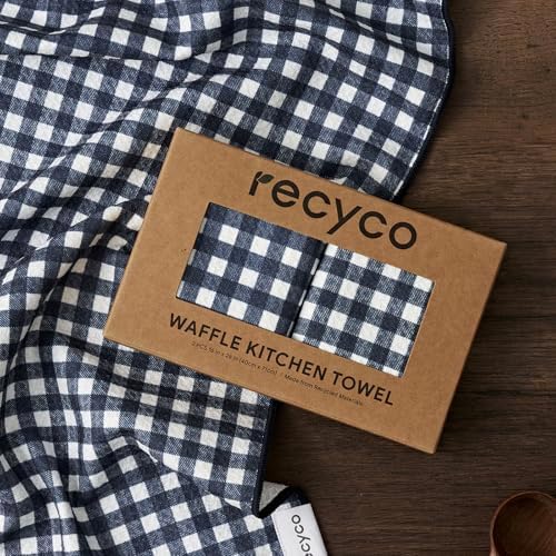 RECYCO Waffle Kitchen Towel Set of 2 - Quick Dry Microfiber Sustainable Dish Towels - Ultra Absorbent Reusable Cleaning Tea Towels - Lightweight Hand Towels,16”x 28”, Navy Blue Plaid - Image 7