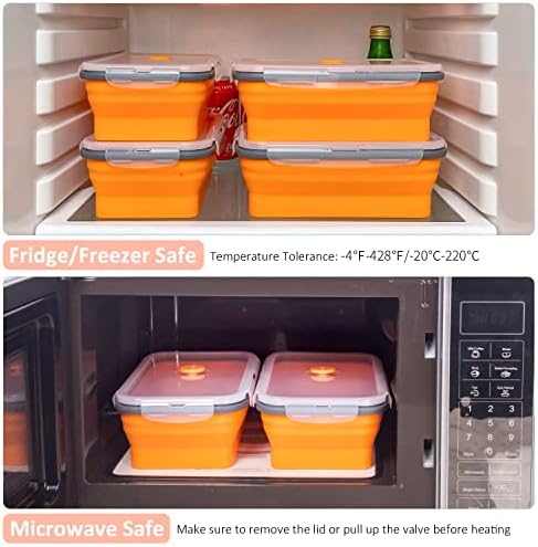 Collapsible Food Storage Containers with Airtight Lid & Vent, 40.5 oz, Kitchen Stacking Silicone Collapsible Meal Prep Container Set for Leftover, Microwave Freezer Dishwasher Safe, Orange, Set of 4 - Image 6