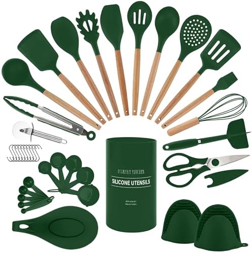 Country Kitchen Non Stick Silicone Utensil Set with Rounded Wood Handles for Cooking and Baking,Green, 38 Piece Set (Pack of 6) by CountryKitchen