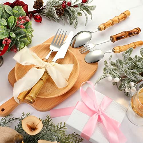 EBOOT 120 Pcs Bamboo Silverware Set 18/8 Stainless Steel Flatware Set - Image 6