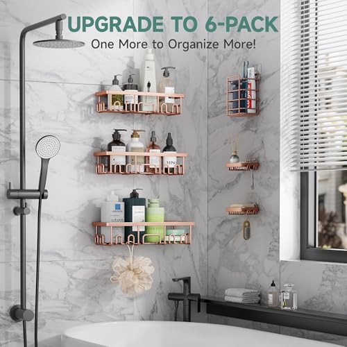 Veken Shower Caddy 6-Pack, No Drilling & Rustproof, Waterproof Adhesive Shelves Rack with Soap Holder, Large Capacity Bathroom Organizers and Storage, Wall-Mounted Kitchen & Home Decor, Rose Gold - Image 6