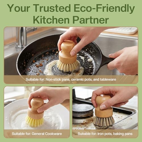 Wooden Dish Brush Handheld Bamboo Wok Brush Scrubber for Dishes Pans Pots Fruit and Veggie Washing(3,Beige Brown and Yellow) - Image 7