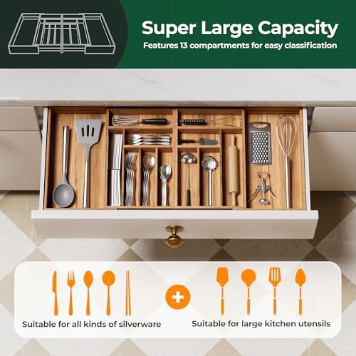Large Silverware Organizer, 13 Slots Magnetic Connected Expandable Acacia Wood Utensil Drawer Organizer From 21 to 37.4 Inches, Adjustable Flatware and Cutlery Holder, Utensil Tray for Kitchen Natural - Image 7