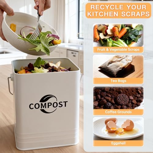 Kitchen Compost Bin, 1.7 Gallon Countertop Compost Bin with Lid and Charcoal Filter, Kitchen Composter for Food Waste, Rust Proof Indoor Bucket, White - Image 7