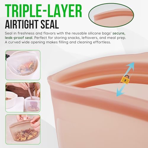 Reusable Silicone Sandwich Bag, 3.5 Cups, Food Storage Container, Made in Korea BPA-Free Platinum Silicone, Reusable Freezer Bag, Microwave Safe, Sous Vide, Lunch Baggies, 29oz, Brown - Image 6