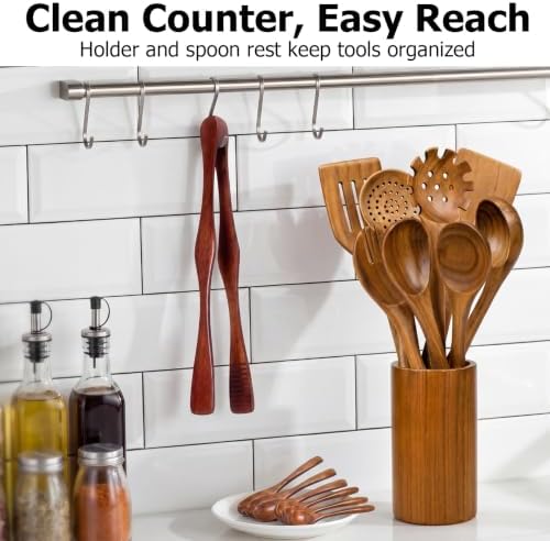 Wooden Spoons for Cooking, 16-Piece Wood Kitchen Utensil Set with Holder, Nonstick Safe Wooden Spatulas and Spoons, Smooth Cooking Utensils for Everyday Meals (A16) - Image 7