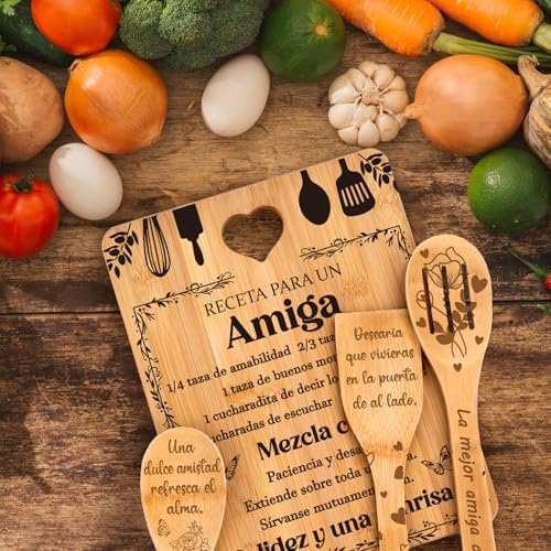 Regalos de cumpleaños para Amiga - "Receta para una Amiga especial". Juego de tablas de cortar y utensilios de bambú grabados. Regalos de cumpleaños para Amiga. Spanish Friend Cutting Board - Image 7