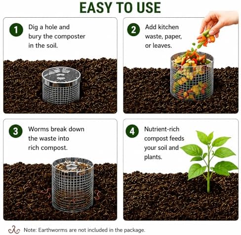 4PCS Inground Worm Composting Bin Turn Food Waste into Nutrient-Rich Soil Increase Soil Fertility Stainless Steel Composting Bin with Holes and Lid for Outdoor Garden Vegetable Patch Backyard - Image 6
