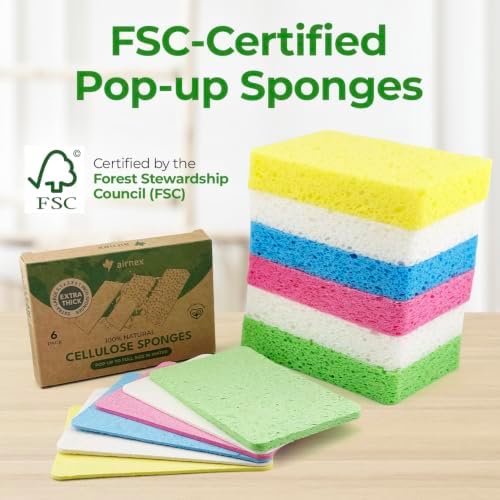 AIRNEX XL Compressed Cellulose Sponges - 6 Pack Large Natural Pop Up Dish Sponge for Kitchen - Compostable Plant-Based Cleaning Sponges Bulk – Non Scratch Big Sponges for Dishes & Household Cleaning - Image 7