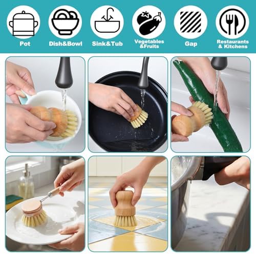 9 PCS Bamboo Dish Brush Set, Multifunctional Dishwashing Bamboo Scrub Brush with Natural Sisal Bristles, Wooden Dish Brush for Cleaning Pots, Pans, Dishes, Vegetables - Image 7