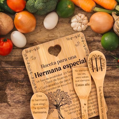 Regalos de cumpleaños para Hermana - "Receta para una Hermana especial". Juego de tablas de cortar y utensilios de bambú grabados. Regalos de cumpleaños para Hermana. Spanish Sister Cutting Board - Image 7