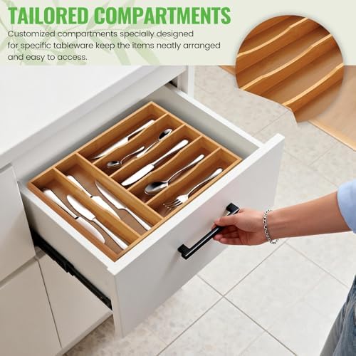 Bamboo Silverware Organizer, 12 Inch Bamboo Kitchen Drawer Cutlery Organizer, Utensil Holder, Flatware Organizer Tray (15.8"x11.9"x1.6") - Image 6