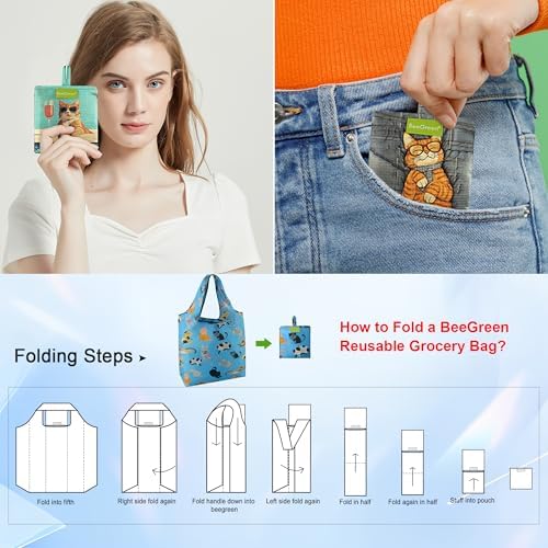 BeeGreen Cat Reusable Shopping Bags Cute Grocery Bag 6 Pack, Christmas Gift Bags Heavy-Duty Foldable Shopping Totes for Supermarket, Work & Travel, Large Washable Polyester Tote Bag with Handles - Image 6