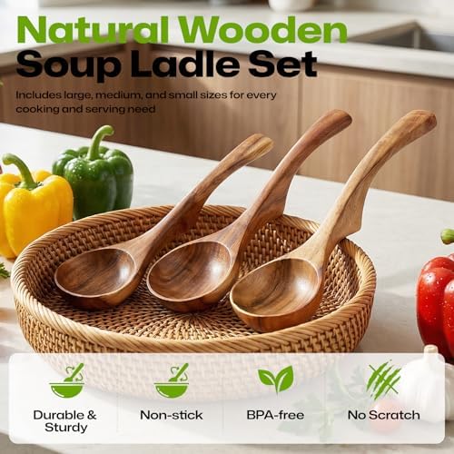 AIUHI Wooden Ladle Spoon Set, 3Size Teak Wood Ladle Spoon, Wooden Soup Spoon for Cooking, Non-Stick, Comfortable Grip for Cooking and Serving - Image 7