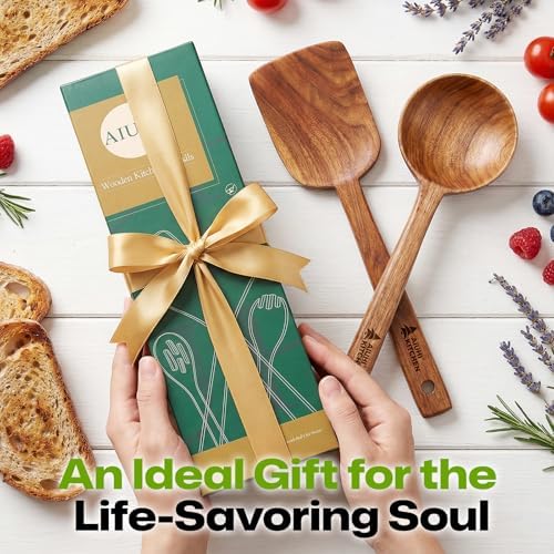 AIUHI 7 pcs Wooden Kitchen Utensil Set, Wooden Cooking Utensils Including Wood Spoon & Spatula, Non-stick Safe Wood Spoon for Cooking - Image 7