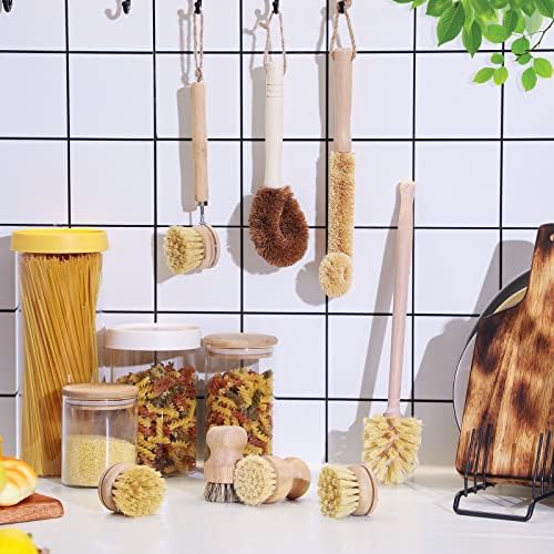 8 Pcs Bamboo Dish Brush Dish Washing Scrub Bottle Brush Wooden Palm Pot Brush Cleaning Scrubbers with Natural Sisal Bristles Long Handle for Pots Pans, Bottle, Sink, Vegetables, Household Cleaning - Image 6